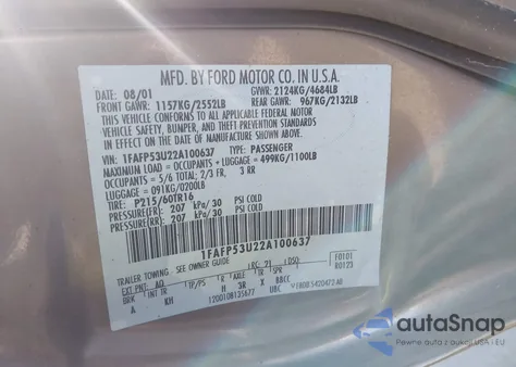 2002 Ford Taurus Se z USA, uszkodzony, nr VIN 1FAFP53U22A100637